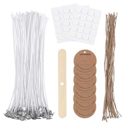 ALLAVA Kerzendocht Set, 60 Stück Kerzendocht 20cm, Dochte für Kerzen, 60 Stück Dochtaufkleber, Kerzen Selber Machen Set, Kerzendochte für Kerzenherstellung Candle DIY von ALLAVA