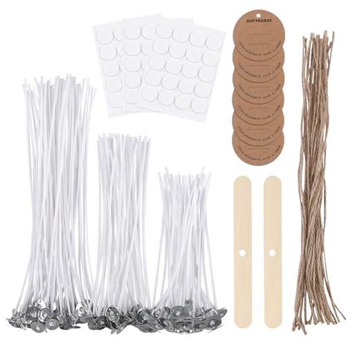 ALLAVA Kerzendocht Set, 60 Stück Kerzendochte 10/15/20cm, 60 Stück Dochtaufkleber, 30 Stück Geschenkanhänger, Kerzendochte mit Holz dochthalter, Dochte Candle Wick für Kerzenherstellung Candle DIY von ALLAVA