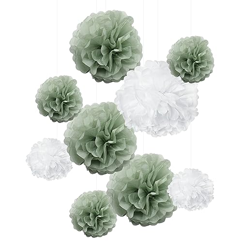 9 Stück staubiges Salbeigrün Weiß große Seidenpapier Pom Poms Blume Wandbehang Hintergrund Mittelstücke für botanisches Grün Babyparty Geschlecht Enthüllung Brautdusche Hochzeit Geburtstag von ALLHEARTDESIRES