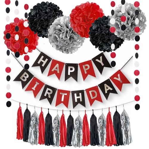 Rot Silber Schwarz Geburtstag Party Dekorationen Tissue Quaste Papier Girlande Luftschlangen Geburtstag Schild Banner Blume Pompons Tisch Wandbehang Casino Spiel Party 16. 21. 30. 40. 50. Geburtstag von ALLHEARTDESIRES