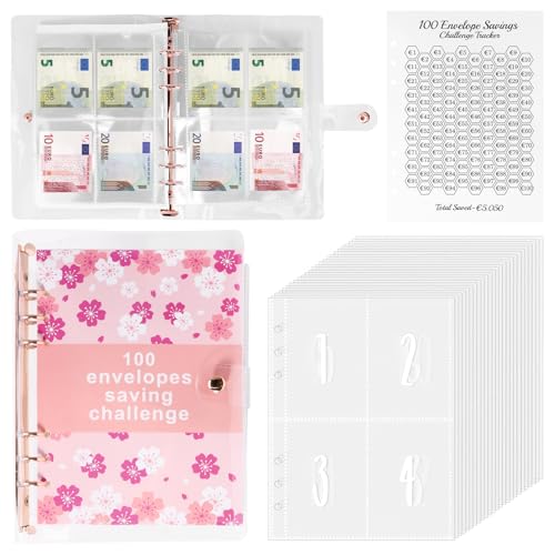 ALLOMN 100 Envelope Saving Challenge Euro, A5 Budgetplaner mit Challengers Tracker + Pre-numbered Taschen Sparbuch für Geld Challenge, Geldsparung Geldordner Sparbuch Ringbuch für Budget Binder (Rosa) von ALLOMN