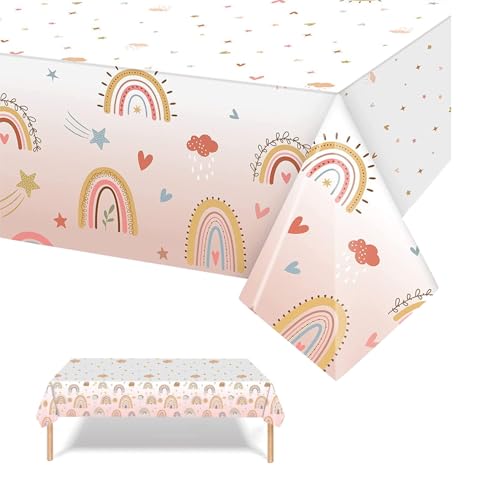 ALLWYOU Regenbogen Party Tischdecke Boho Style Bunt Wasserdicht Kunststoff Tischtuch Einweg Plastik Tischdecken Niedliche Tischdeko für Kinder Mädchen Jungen Geburtstag Party Dekoration 137 x 274 cm von ALLWYOU