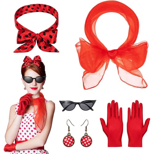 5TLG Rockabilly Accessoires Damen 50er Jahre Damen Rockabilly Kostüm Zubehör 1950s Kostüm Set mit Chiffon Schal Polka Dot Stirnband Katzen Auge Brille Rot 60er Jahre Kleidung für Retro Teily Party von ALLWYOU