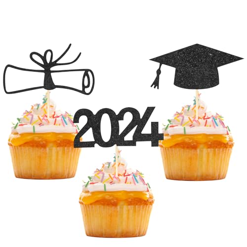24 Stück Glitzer 2024 Graduation Cupcake Toppers, Abschlussfeier Cupcake toppers, Bachelor Hut Deko, Abschluss Deko für Graduation Abschlussparty Dekoration, So Proud of You Kuchendeko E6-BYZTCQ von ALLY-MAGIC