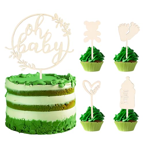 ALLY-MAGIC 5 Stück Oh Baby Cake Topper Holz, Gender Reveal Partydeko, Kindertaufe schmücken Tortenaufsatz aus, Oh Baby Tortendeko für Babyparty Baby Shower Deko E6-YMBBCP von ALLY-MAGIC