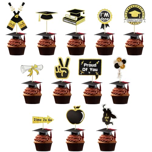 ALLY-MAGIC Y9BYJDGCP Cupcake-Topper 2024, Abschluss-Kuchenaufsätze, Klasse 2024, Kuchendekorationen, 12 Stück, Schwarz / Gold, Congrats Grade Cap, Diplom, Abschlussfeier, Party-Dekorationen von ALLY-MAGIC