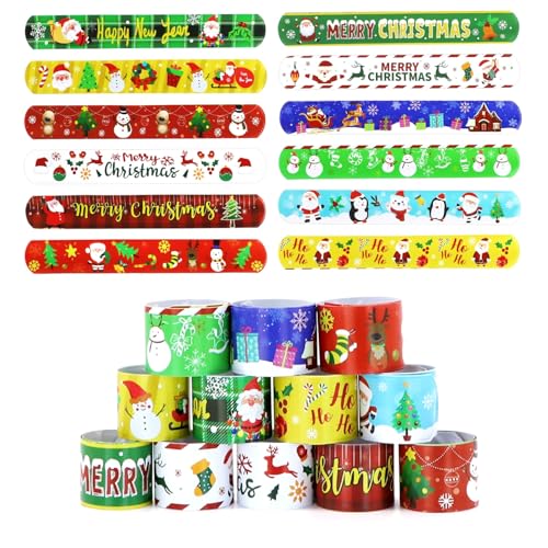 ALLY-MAGIC Y9SDPPSH12 Weihnachts-Armbänder für Kinder, Weihnachtsmuster, Schnappbänder, Armband mit Weihnachtsmann, Elch, Schneeflocken-Druck für Weihnachten, Partytütenfüller, 12 Stück von ALLY-MAGIC