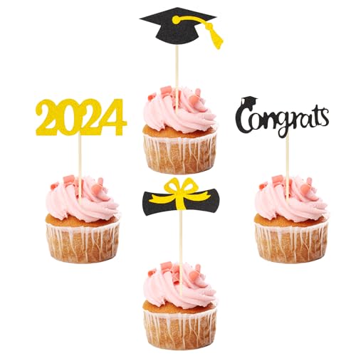 2024 Graduation Cupcake Toppers, 12 Stück Glitzer Klasse von 2024 Abschluss Tortendeko Bachelor Hut Kuchen Dekorationen Abschluss Geschenk für Graduation Abschlussparty Dekoration E7BYDGCP von ALLY-MAGIC
