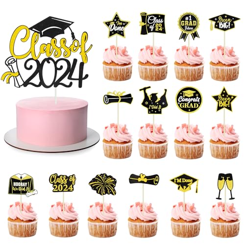 ALLY-MAGIC Abschluss Tortendeko, 15 Stück 2024 Glitzer Graduation Kuchen Dekoration Schwarz Gold Bachelor Hut Deko Abschluss Kuchen Partyzubehör für 2024 Abschluss Kuchen Partyzubehör E4BYHJCP von ALLY-MAGIC