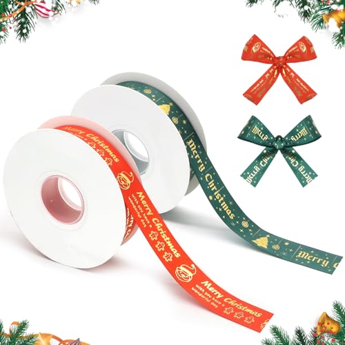 Weihnachtsband, 2 Rollen, 80 Yards Merry Christmas-Band für Geschenkverpackungen, rot/grün, Weihnachts-Satinbänder, dekoratives Geschenkseil für Weihnachten, Partygeschenke, Bastelarbeiten, von ALLY-MAGIC