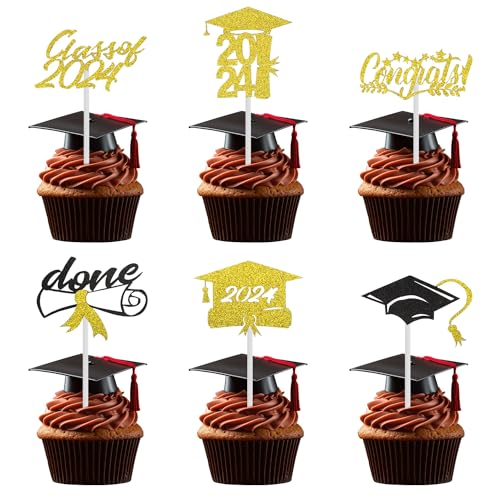 Y3JSBY 2024 Cupcake-Topper, Glitzer, Klasse 2024, Congrats Grade 2024, Diplom, Cupcake-Picks, 2024, Abschlussfeier, Party, Kuchendekoration, Zubehör, Gold, 24 Stück von ALLY-MAGIC
