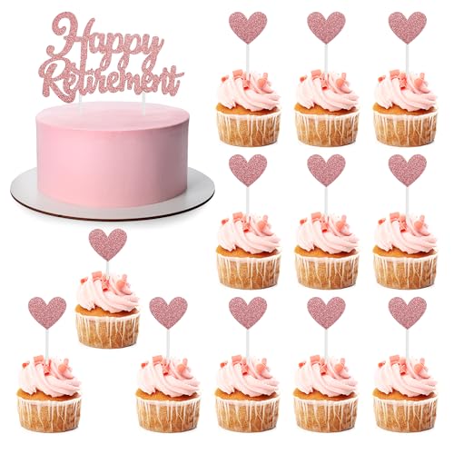 Y7AXTXCP Tortenaufsatz "Happy Retirement", glitzernde Kuchendekoration mit Herz, Cupcake-Topper für Männer und Frauen, Ruhestandsparty, Kuchendekoration, 13 Stück von ALLY-MAGIC