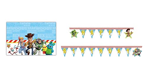 ALMACENESADAN -4767, Disney Toy Story bestehend aus Happy Birthday Girlande ca. 2,40 m und Tischdecke 120 x 180 cm, ideal für Partys und Geburtstage (8435510347673) von ALMACENESADAN