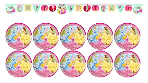 ALMACENESADAN 8435510346782 4678 Geburtstagsparty Disney Princess, Jungen und Mädchen, 10 Plasten aus Pappe 23 cm und Girlande Happy Birthday von ALMACENESADAN