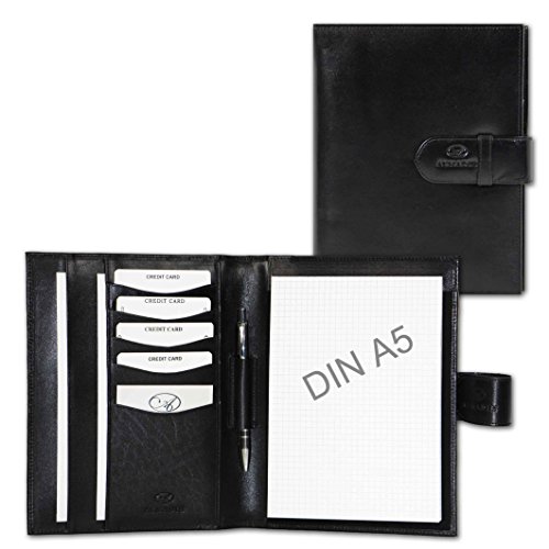 ALMADIH Leder A5 Schreibmappe mit Schreibblock Premium Rindsleder Schwarz Ledermappe Mappe Dokumentenmappe Organizer Konferenzmappe Systemplaner Terminplaner Notizbuch Notizblock (A5 Schreibmappe SCH) von ALMADIH