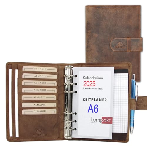 ALMADIH Leder A6 Terminplaner Kalender 2025 Notizblock Premium Rindsleder BV Geschenkbox Ledermappe Mappe Schreibmappe Organizer Terminkalender Ringbuchmappe Pocket Kompakt braun (A6 Ter vintage) von ALMADIH