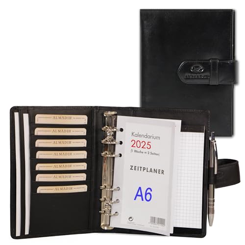 ALMADIH Leder A6 Terminplaner Kalender 2024 & 2025 Notizblock Premium Leder SCH Geschenkbox Ledermappe Mappe Schreibmappe Organizer Terminkalender Ringbuch Aktenmappe Pocket Kompakt (A6 Ter schwarz) von ALMADIH