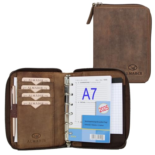 ALMADIH Leder A7 Organizer Reißverschluss Kalender 2025 Notizblock Premium Rindsleder Braun Vintage Geschenkbox Ledermappe Mappe Terminplaner Terminkalender Ringbuchmappe Mini Pocket (Org A7 BV) von ALMADIH