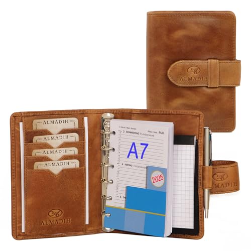 ALMADIH Leder A7 Terminplaner Kalender 2025 Notizblock Premium Rindsleder BD in Geschenkbox Ledermappe Mappe Schreibmappe Organizer Terminkalender Ringbuch Pocket Kompakt braun (A7 Term deluxe) von ALMADIH