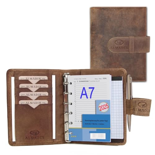 ALMADIH Leder A7 Terminplaner Kalender 2025 Notizblock Premium Rindsleder BV Geschenkbox Ledermappe Mappe Schreibmappe Organizer Terminkalender Ringbuch Pocket Kompakt braun (A7 Term vintage) von ALMADIH