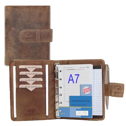 ALMADIH Leder A7 Terminplaner Kalender 2024 & 2025 Notizblock Premium Rindsleder Braun Vintage in Geschenkbox Ledermappe Mappe Schreibmappe Organizer Terminkalender Ringbuchmappe Mini Pocket (T-A7-BV) von ALMADIH