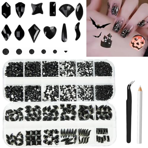 2680Stk schwarze Nagel Edelsteine Strass Steine, große schwarze Nägel Charms mit Pailletten Flatback Runde Perlen, klare Diamant Glas Nagel Steine Schmuck Zubehör für DIY Gesicht Auge Dekoration von ALOCIAM