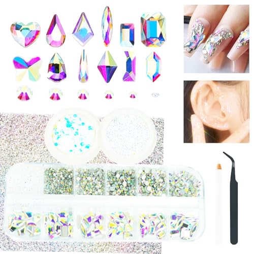 3-Boxen AB Nagel Strass mit feinen Glitzer Kit, 60Pcs große sortierte AB Nagel Edelsteine mit S6-S16 Flatback Runde Steine, Kristalle Nagel Edelsteine für Gesichter Körper DIY Handwerk von ALOCIAM