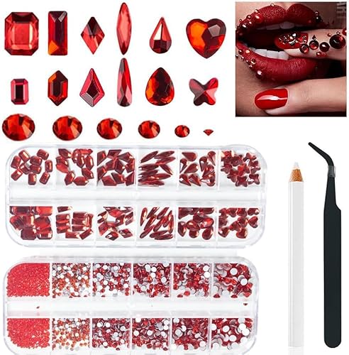 ALOCIAM Rot Kristall Nagel Steine,Nagelsteine Gelnägel für Glanz Nail Art Make-up DIY Dekoration Flatback Runde Bead Strass Edelstein Schmuck Diamant,Glas Strasssteine für Nägel Klein Set von ALOCIAM