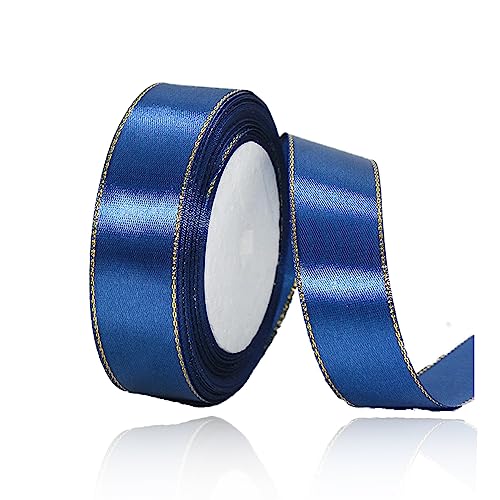 Geschenkband Dunkelblau 20mm Breit, 23 Meters Goldränder Satinband Marineblau Geschenkbänder Stoff Schleifenband Dekoband zum Geschenkverpackung, Bastelarbeiten, Geburtstag und Hochzeitsdekoration von ALOHOVME