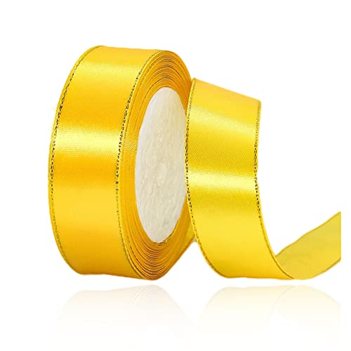 Geschenkband Gelb 20mm Breit, 23 Meters Goldränder Satinband Gelb Geschenkbänder Stoff Schleifenband Dekoband zum Geschenkverpackung, Bastelarbeiten, Geburtstag und Hochzeitsdekoration von ALOHOVME