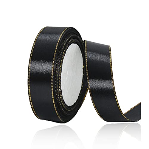 Geschenkband Schwarz 20mm Breit, 23 Meters Goldränder Satinband Schwarz Geschenkbänder Stoff Schleifenband Dekoband zum Geschenkverpackung, Bastelarbeiten, Geburtstag und Hochzeitsdekoration von ALOHOVME