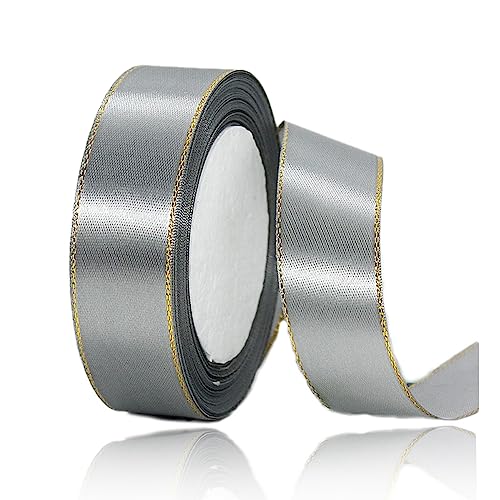 Geschenkband Silber 20mm Breit, 23 Meters Goldränder Satinband Grau Geschenkbänder Stoff Schleifenband Dekoband zum Geschenkverpackung, Bastelarbeiten, Geburtstag und Hochzeitsdekoration von ALOHOVME