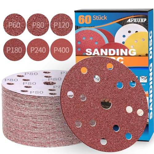 60 Stück Schleifpapier 150mm Klett 15-Loch Schleifscheiben Profi für Rund Exzenterschleifer- je10x P60 P80 P120 P180 P240 P400 Mischkorn-ALPXUXP von ALPXUXP