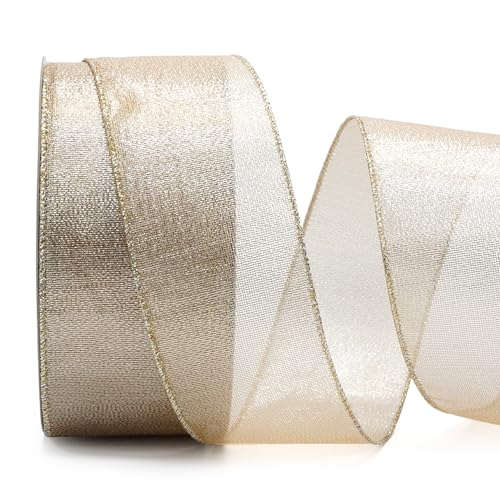 ALTIER 6,3 cm x 40 m Champagner-Gold-Metallic-Band mit Draht für Weihnachten, Heimdekoration, Geschenkverpackung, Schleife, Kranz, DIY Handwerk von ALTIER