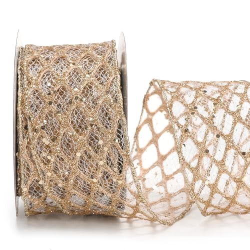 ALTIER 6,3 cm x 9,1 m Champagner-Gold-Mesh-Glitzer-Drahtband für Weihnachten, Heimdekoration, Geschenkverpackung, Schleife, Kranz, DIY Handwerk von ALTIER