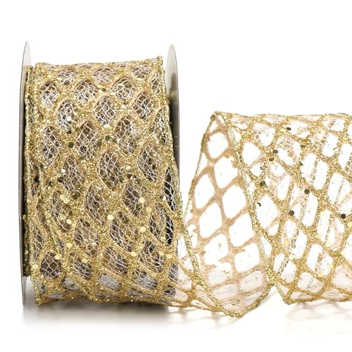 ALTIER 6,3 cm x 9,1 m goldenes Netzband mit Glitzer, Drahtband für Weihnachten, Heimdekoration, Geschenkverpackung, Schleife, Kranz, Basteln, Basteln von ALTIER