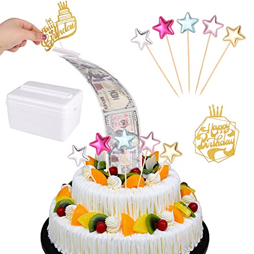 ALTcompluser Kuchen Spardose Geld Ziehen Geburtstag Spardose Tortendeko Set mit 100 Stück Klarsichtbeutel 2 pcs Happy Birthday und 5pcs Stern Cake Toppers für Torten Größe in 8 Zoll oder Größere von ALTcompluser