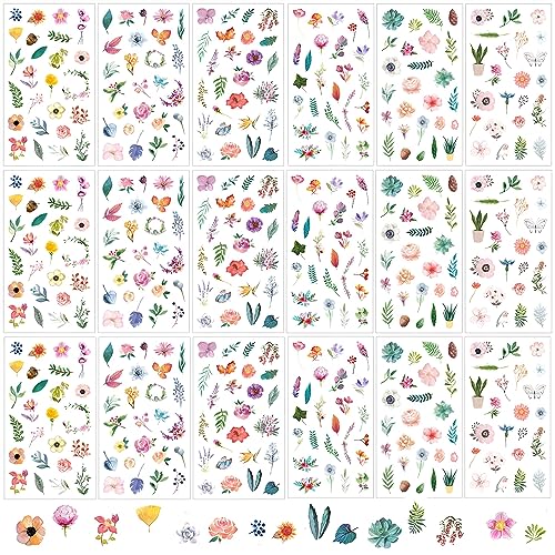 18 Blatt Sticker Blumen,Blumen Scrapbooking Aufkleber,Pflanzen Aufkleber,Unterschiedliche Muster Blumen Pflanzen Blätter Aufkleber für DIY Basteln Scrapbook Album Journals Fotoalbum von ALUYF