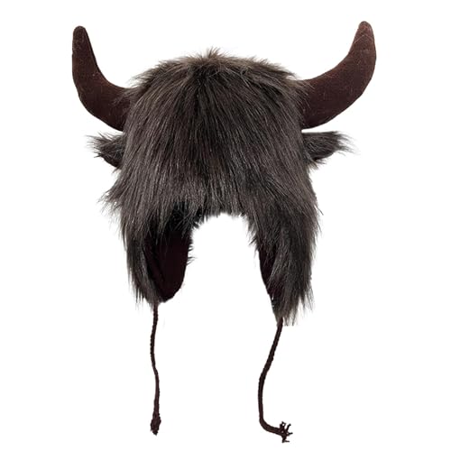 ALWIDA Bison-Hut – Plüsch-Ohr-Kopfbedeckung für Halloween, Ohrenklappen-Hut mit Hörnern, Cosplay, flauschiger Bomberhut aus Kuhhorn, Halloween-Kostüm, Kopfbedeckung, Kunsthut für Damen, Herren, für von ALWIDA