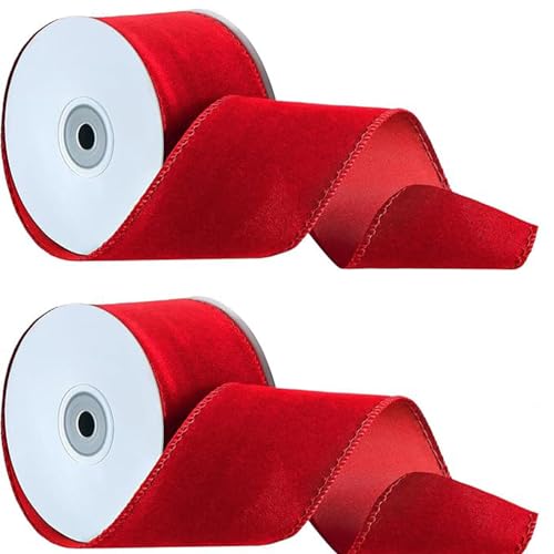 Samtband - Weihnachtsband | 2 Rollen Verpackung Drahtband | Rotes Luftschlangen Samtband 2 Rollen | Doppelseitiges Weihnachten Samtband | Deko Schleife Zubehör für Kleidung Dekoration von ALWIDA