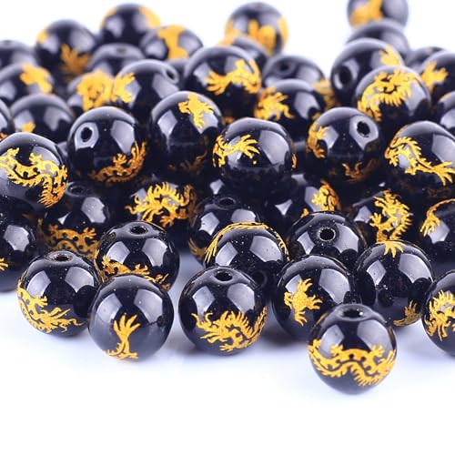 ALZLDYS Drachenperlen aus schwarzem Achat, rund, glatt, lose Perlen für Schmuckherstellung, Armband, Halskette, 38,1 cm, schwarzer Achat, Drache, 12 mm von ALZLDYS