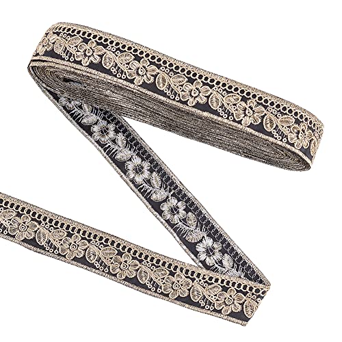 Vintage-Jacquardband, Jacquard-Stickband, Besatz for dekorativen Nähen, Vintage-Jacquardbandbesatz mit Blumenmuster(Black) von ALturN