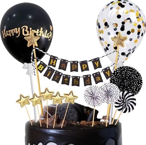 12 Stück Tortendeko Schwarz Gold, Tortendeko Geburtstag,Happy Birthday Kuchendeko, Kuchendeko Geburtstag, Cake Topper Schwarz, Papierfächer Sterne Cupcake Tortenstecker für Geburtstag Dekoration von AMANDELIZABE