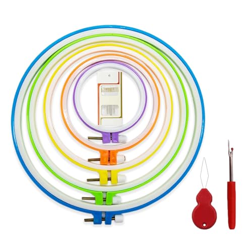 5 Größen,stickrahmen Kunststoff, buntes rundes Stickrahmen-Set,Embroidery Hoop,Kunststoff, Kreis, Kreuzstich, Ringe zum Basteln, Nähen, inklusive 16 Stück Nähnadeln mit goldenem Öhr und 1 Kreuzstichau von AMANDELIZABE