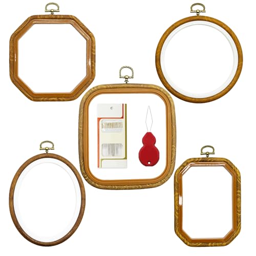 AMANDELIZABE Stickrahmen 5 Stücke Stickrahmen Ring Kunststoff Kreuzstich Hoop Set Stickerei Rahmen Embroidery Hoop Stickerei Kits Rechteck Rund Achteck Oval mit 1 Fadenentferner 1 Fadenführung von AMANDELIZABE