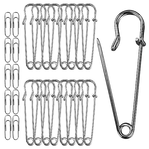 Sicherheitsnadeln Groß, 20 Stück Kilt Sicherheitsnadeln, 50 mm Rostfreier Stahl Heavy Duty Sicherheitsnadel, Starke Sicherheitsnadeln für Decken, mit 30 Stück 28 mm Büroklammern aus Metall von AMANDELIZABE