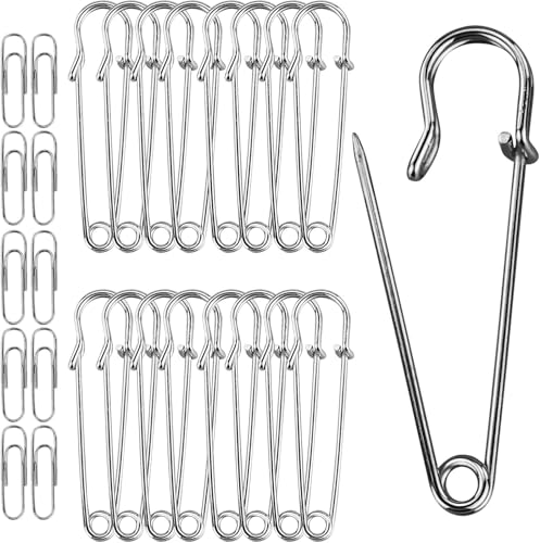 Sicherheitsnadeln Groß, 20 Stück Kilt Sicherheitsnadeln, 50 mm Rostfreier Stahl Heavy Duty Sicherheitsnadel, Starke Sicherheitsnadeln für Decken, mit 30 Stück 28 mm Büroklammern aus Metall von AMANDELIZABE