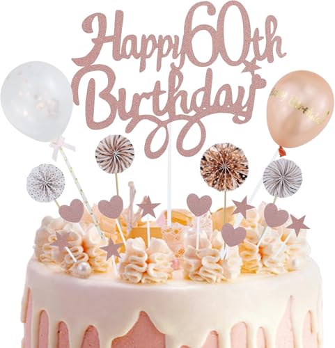 Tortendeko 60 Geburtstag Deko Kuchen Topper 60 Kuchen Deko 60 Geburtstag Frau Happy Birthday 60 Tortendeko 60 Jahre Frau Kuchendeko 60. Geburtstag Frau (Roségold), mit 10 Bonbonfarbene Pfeife von AMANDELIZABE