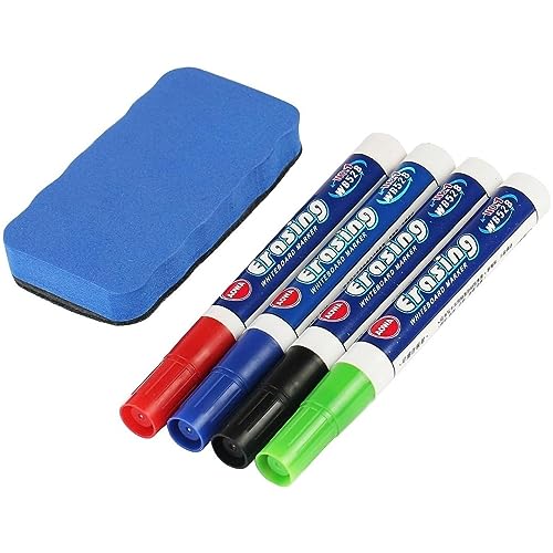 AMATHINGS Whiteboard Marker Whiteboard Stifte nachfüllbar – Whiteboard Stifte abwischbar 4 Stück in verschiedenen Farben mit runder 2mm Spitze – Markerstifte Set mit Whiteboard Schwamm von AMATHINGS