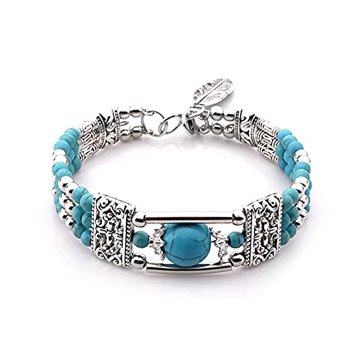 AMAXRcsy Armbänder Armband Vintage Naturstein Türkise Für Frauen Handgemacht Blaue Runde Perlen Geschnitzter Armreif Femme (Metallfarbe: Gelb) (Blauw A Blauw) von AMAXRcsy